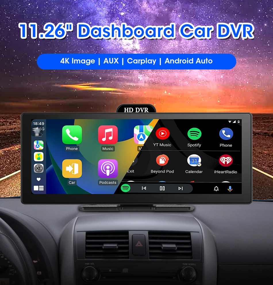 Develuck novo 11.26 ''4k carro dvr sem fio carplay android auto