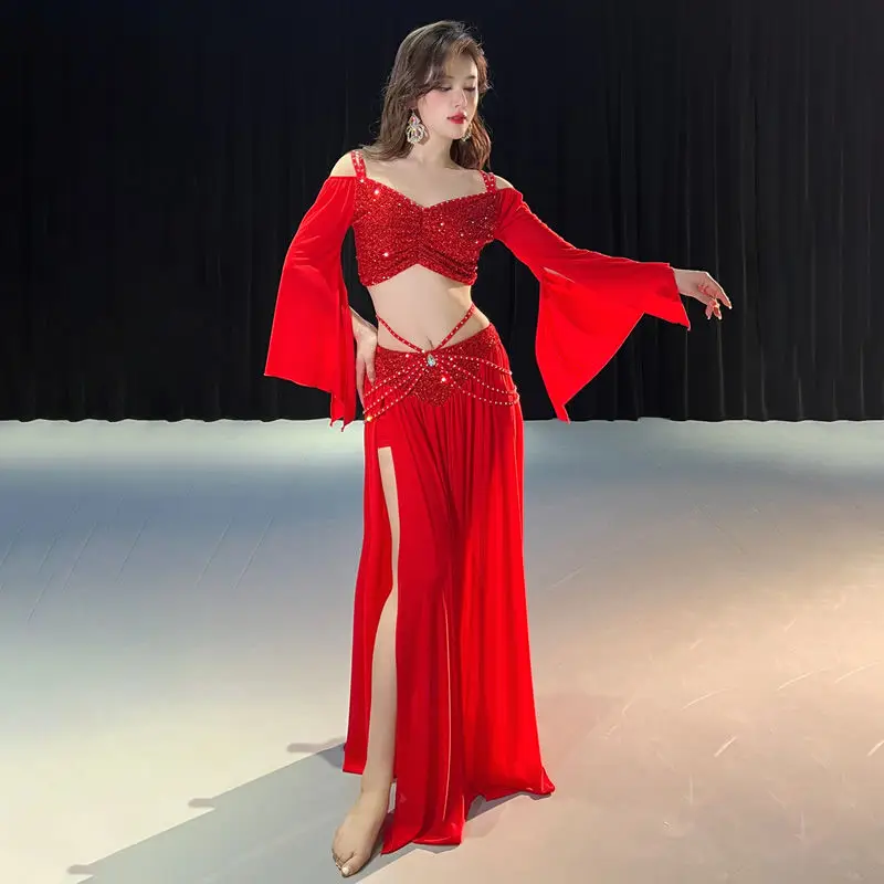 

Belly Dance Clothing 2024 New Sequin Spring Mesh Training Class Uniform Set, Oriental Sparkling Diamond Belly Dance Set