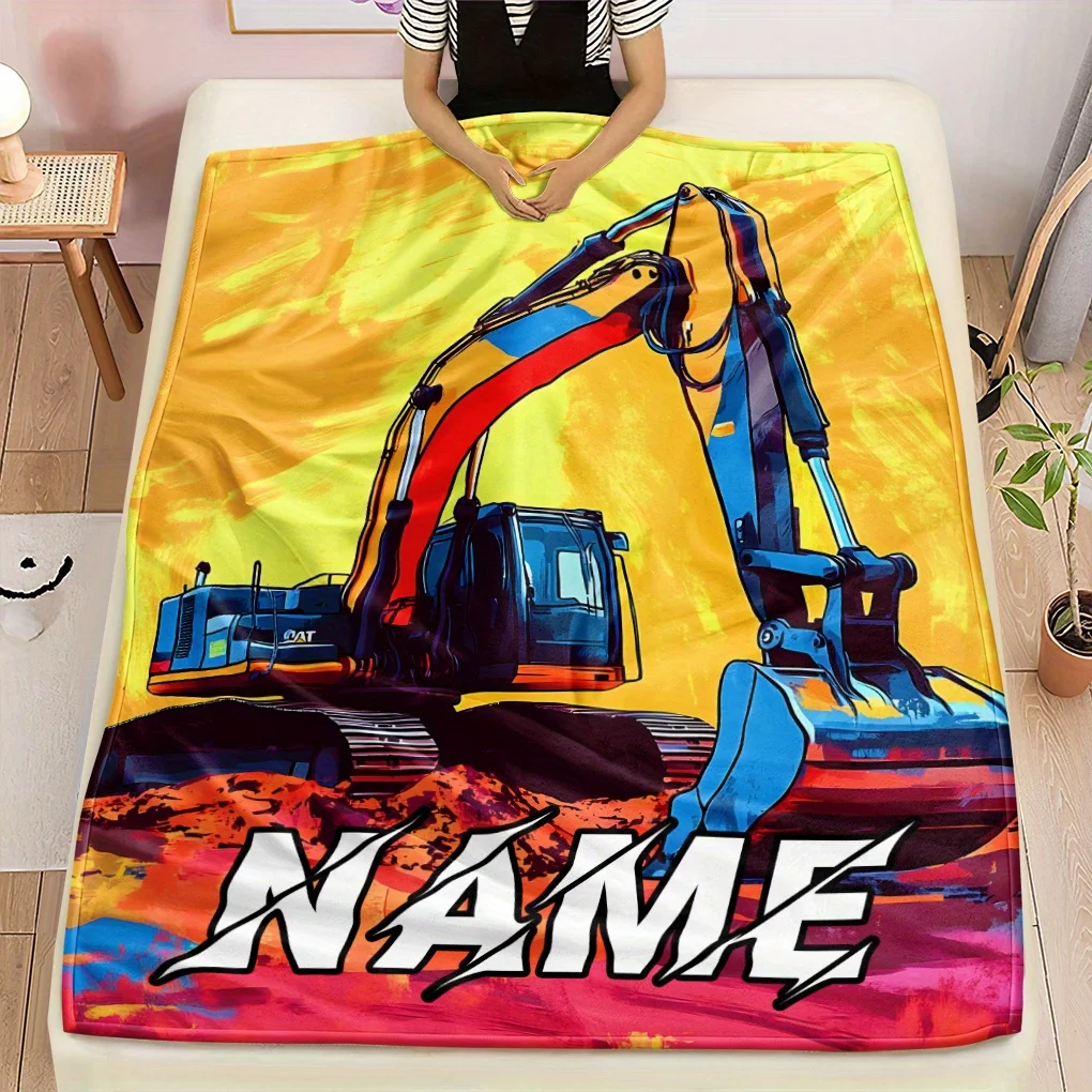 1 Stück personalisierte Bagger-Flanelldecke mit individuellem Namen, weich, leicht, langlebig, für Zuhause, Reisen, Sofas, Betten, Camping, Büros