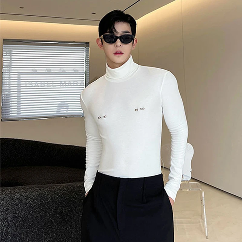 IEFB Slim Male Long Sleeve T-shirts Autumn New Versatile Detachable Breastpin Fashion Niche Design Korean Underlay Tops 9C1590