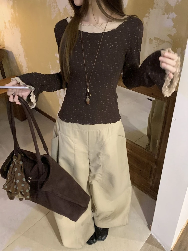 Winter Coffee Color Floral Ruffle Bell Sleeve Tee Women Slim Fit Casual Top Ins Style