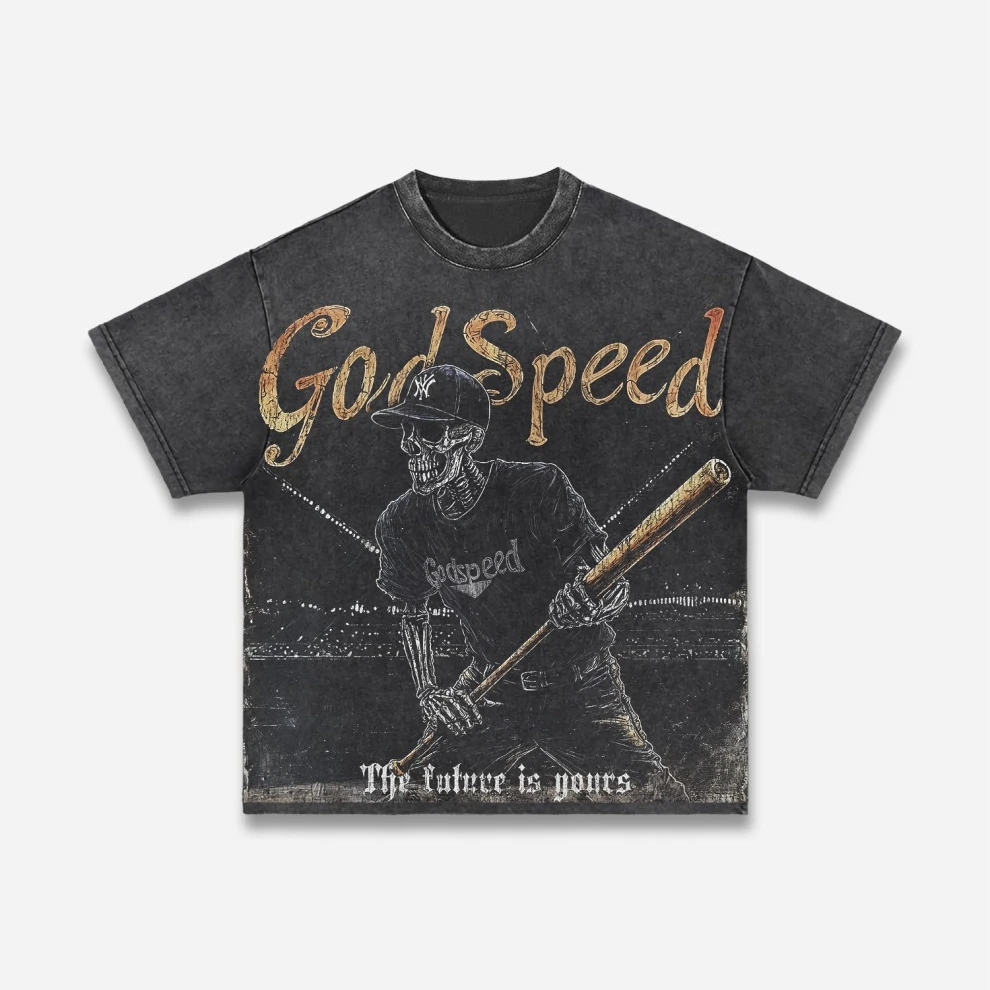 God Speed ​​skeleton Baseball Vintage Washed Cotton Short Sleeves T-shirt Men Women Cartoon Streetwear Retro Tee Tops Fans Gift