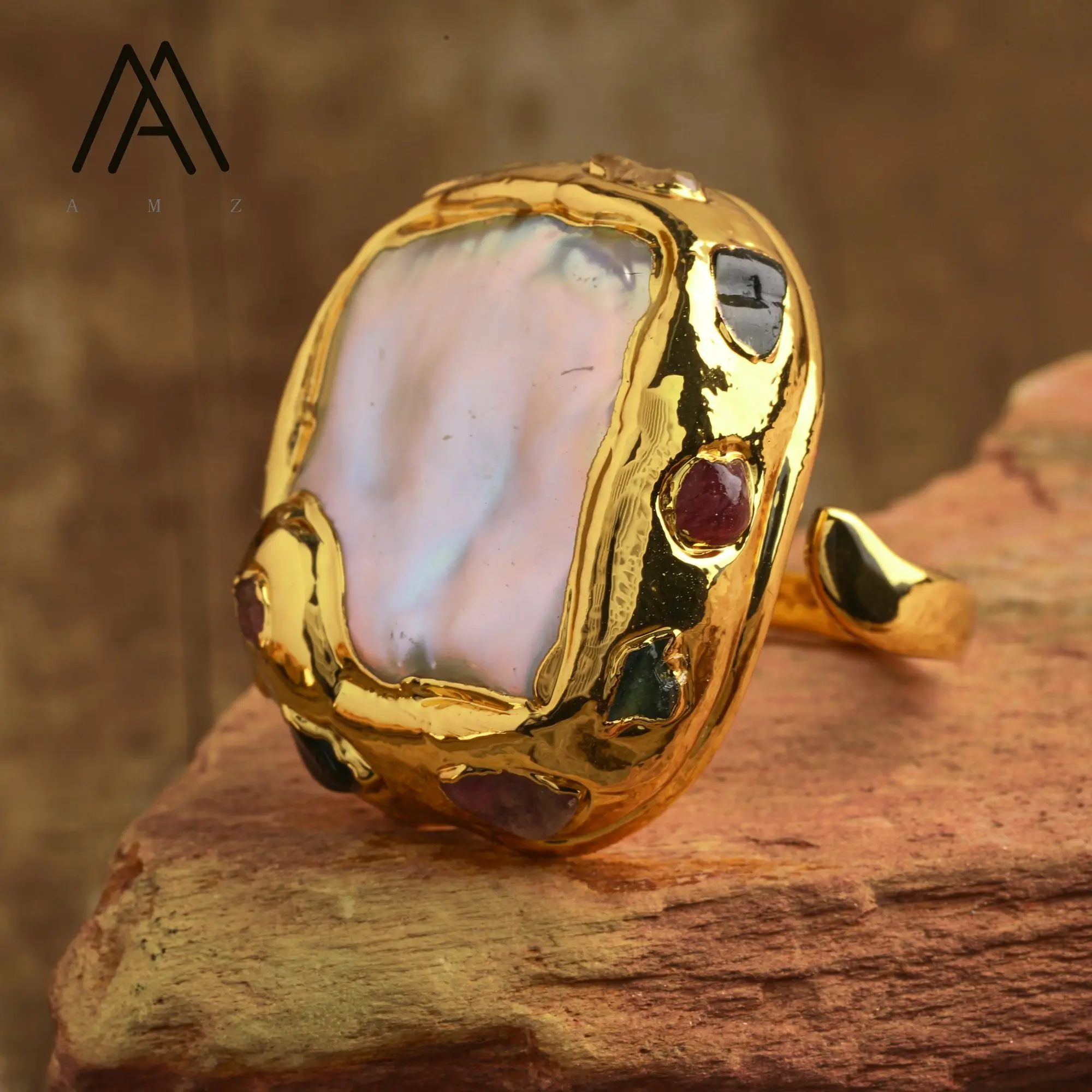 

Baroque Pearl Natural Rainbow Tourmaline Stones Open Finger Rings Gold Jewelry for Men Women Gifts