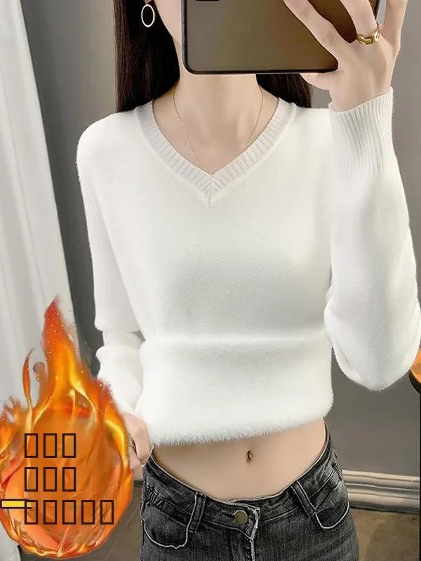 Winter Thiened Fce V-ne Knitwear Women's Slim-fit Inner Wear Inteated Fce Warm Top Commute Sle Polyester Fiber