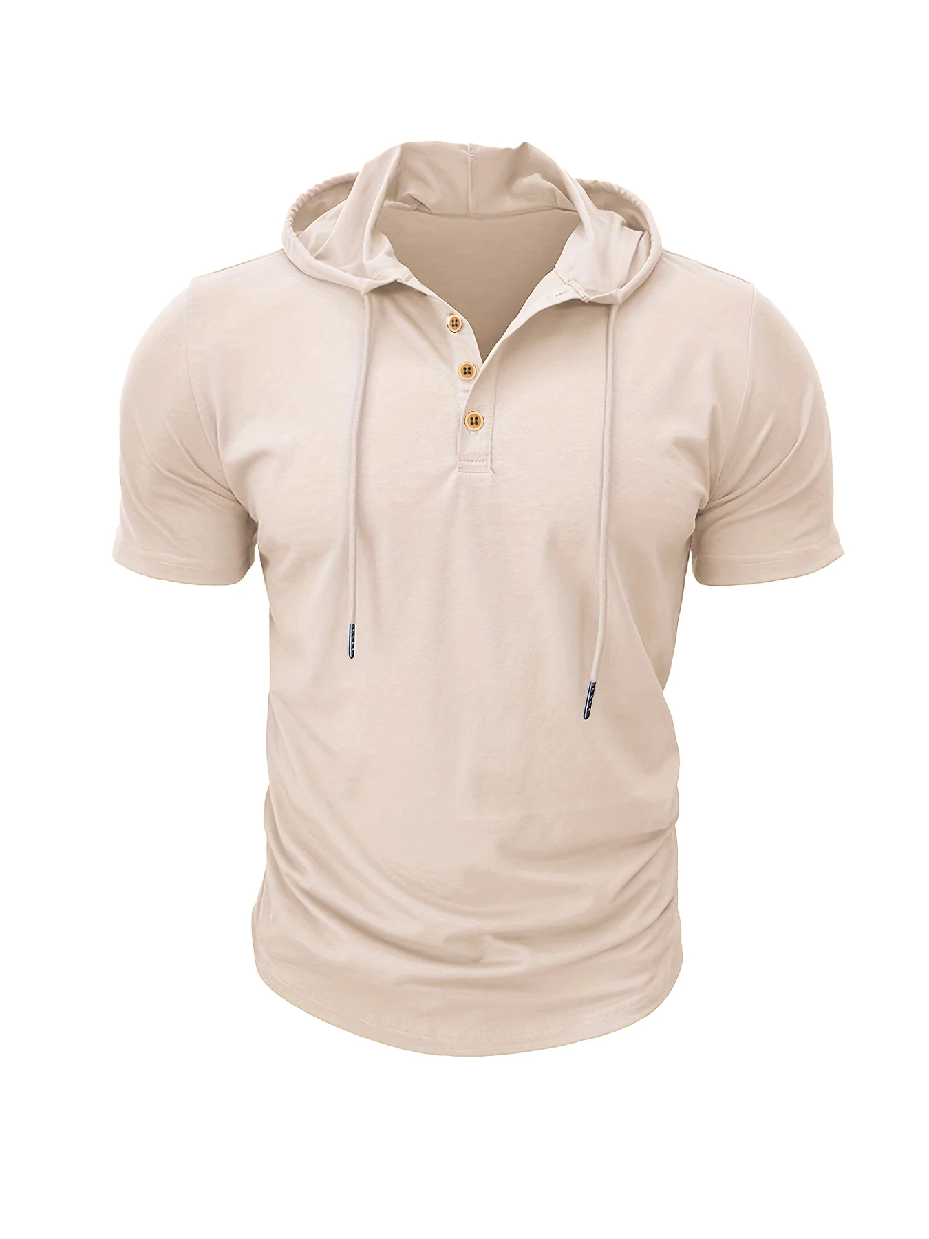 Men Short Sleeve Hooded T Shirts Henley Quarter Button Placket Drawstring Hood Casual Lightweight Athletic Tops