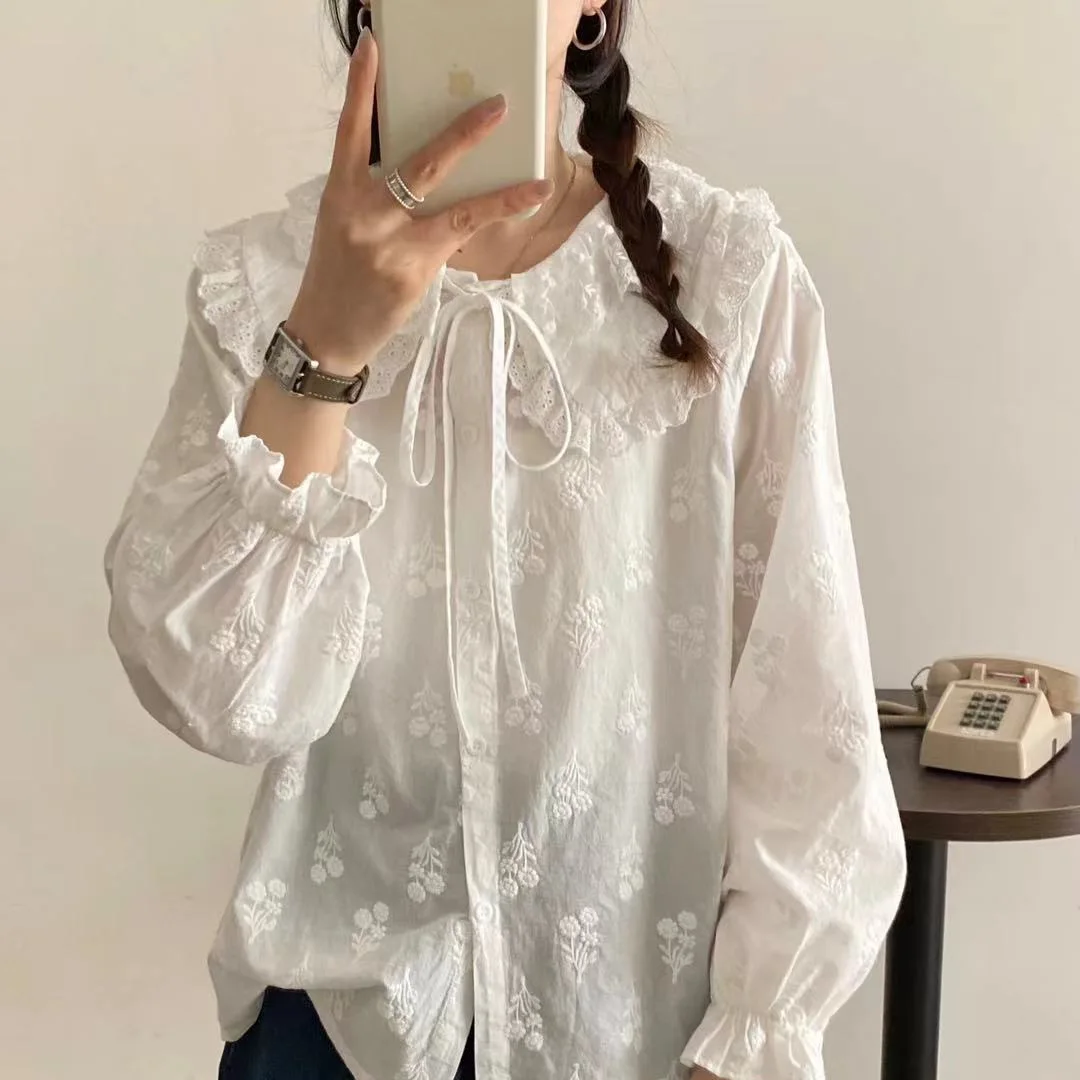 Spring New Japanese Sweet Mori Girl Embroidered Shirt Women Cute Peter Pan Collar Long Sleeve Solid Color Casual Loose Tops