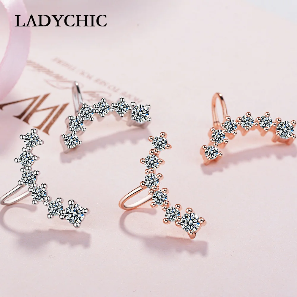 LADYCHIC Rose Gold & Silver Color Sparkling Single Row Austria Zircon Clip Earrings for Women Trendy Elegant Jewelry Gift LE1805