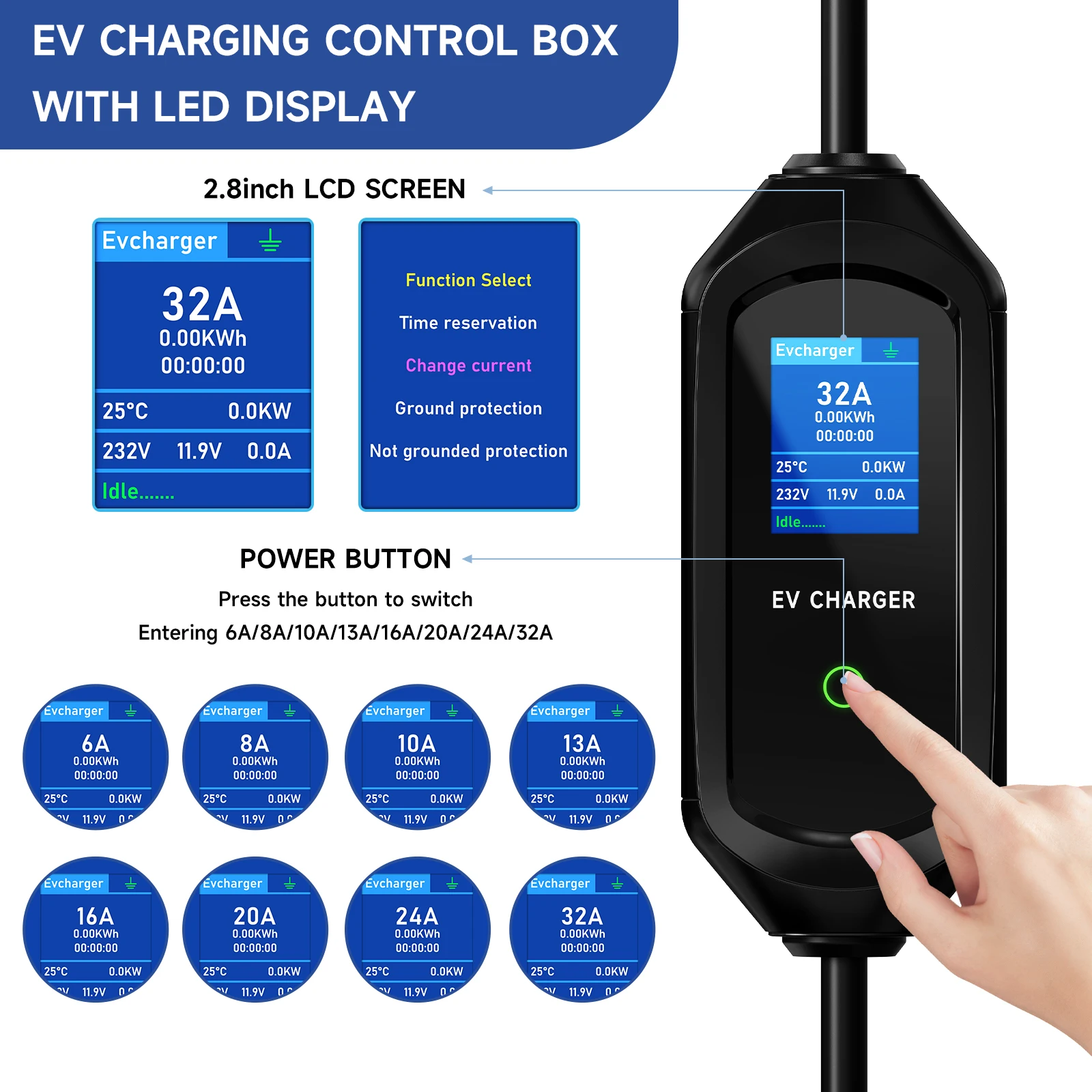 AFYEEV 32A 7,2KW Tragbares EV-Ladegerät Typ2 IEC62196-2 Elektrofahrzeug-Ladegerät EVSE-Ladekabel Wi-Fi Bluetooth APP-Steuerung – Detail 13