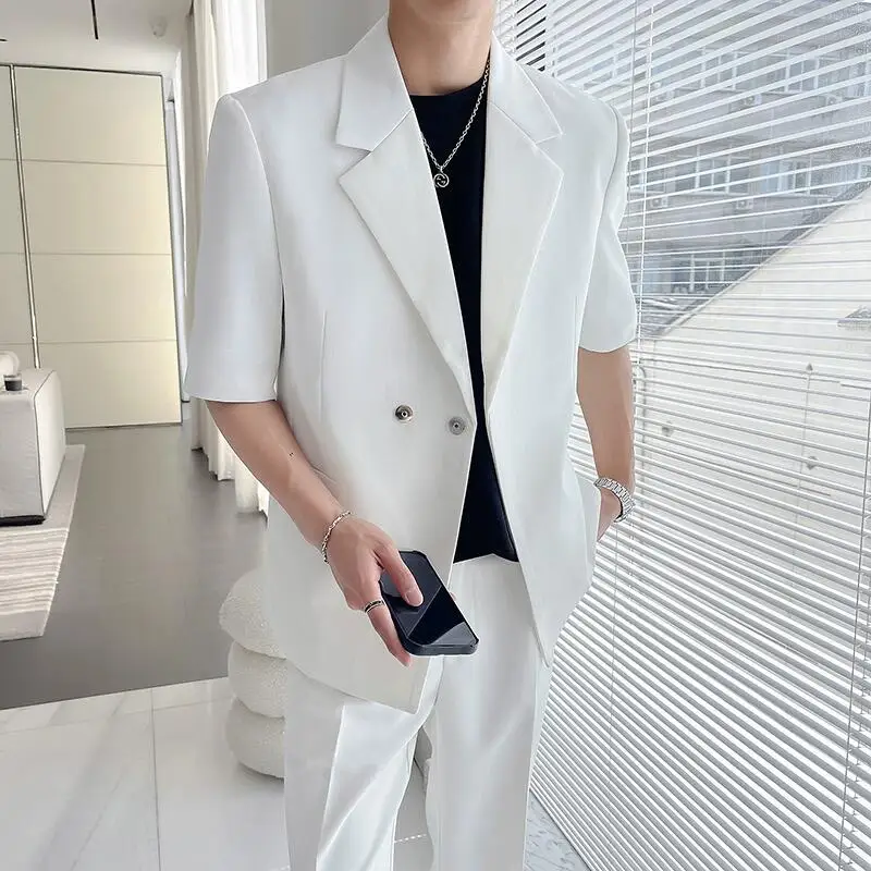 (Jacket+Pant) Summer Men\'s Loose Half Sleeve Suits 2 Piece Fashion Wedding Prom Casual Groom Tuxedo Blazer Suit Set / Gift Belt