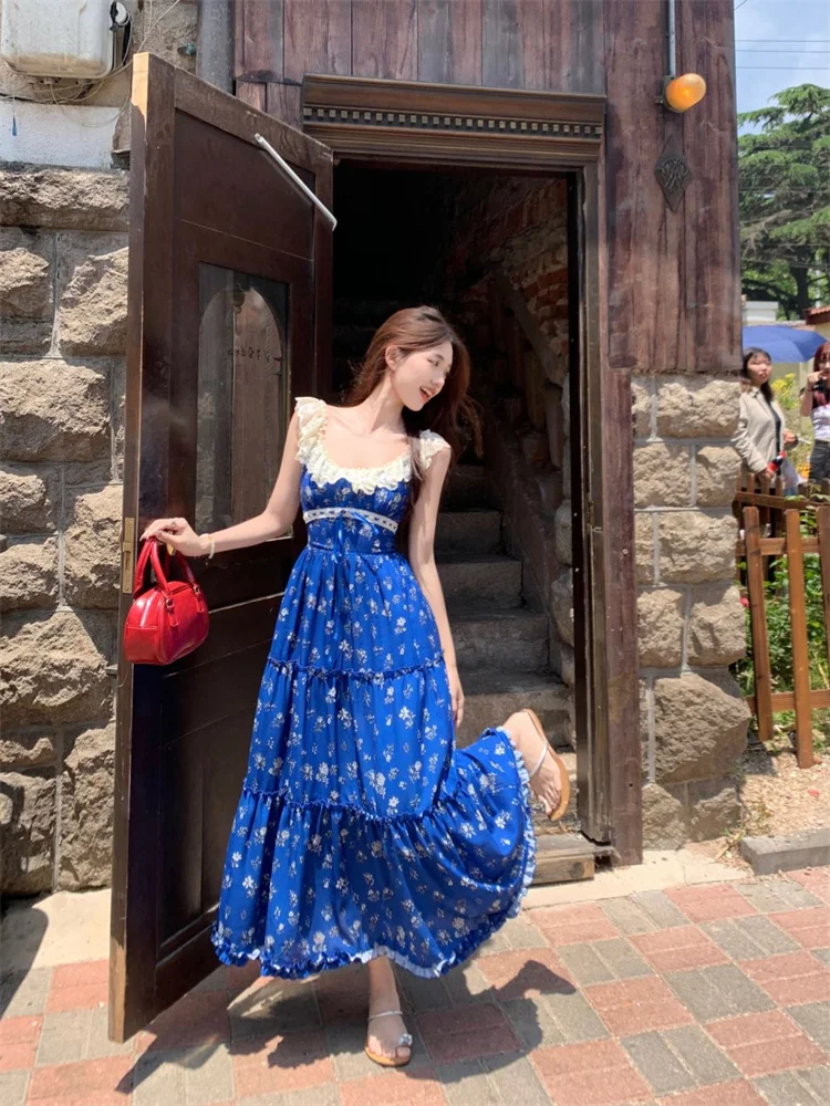 Klein Blue Floral Camisole Dress Women's Summer French Hollowed Out Lace Patchwork High Waist Seaside Vacation Dress Boho Dress