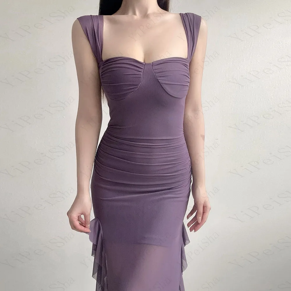 Vestidos de fiesta rectos personalizados hasta el tobillo, vestido de noche sin mangas con cuello cuadrado, vestido de fiesta con abertura lateral drapeado a la moda Simple