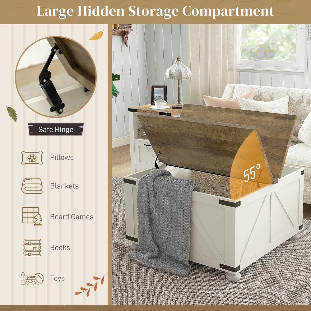 طاولة قهوة HOMCOM Farmhouse، طاولة قهوة مربعة 31.5 مع مساحة تخزين، طاولة مركزية لغرفة المعيشة مع سطح رفع مفصلي و Hid