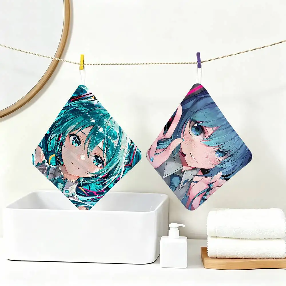 Amine H-Hatsunes-M-Miku girls Polyester Cotton Hand Wiping Towel with Hanging Loop, Lightweight for Home and Commercial Use