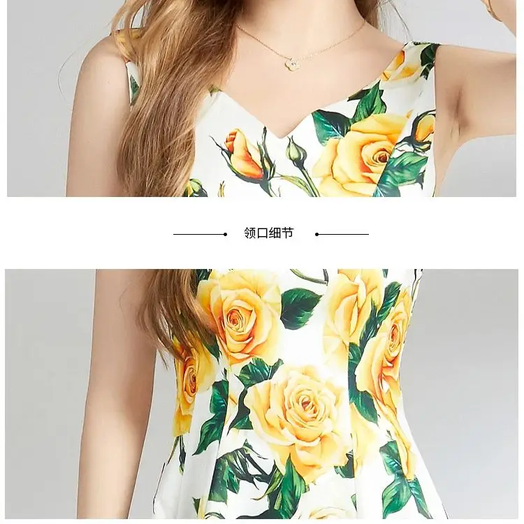 Summer Yellow Rose Spaghetti Strap Bohemian Dress Women's V-Neck Sleeveless Floral Print Slim Waist Evening Gown Long Robes 6832