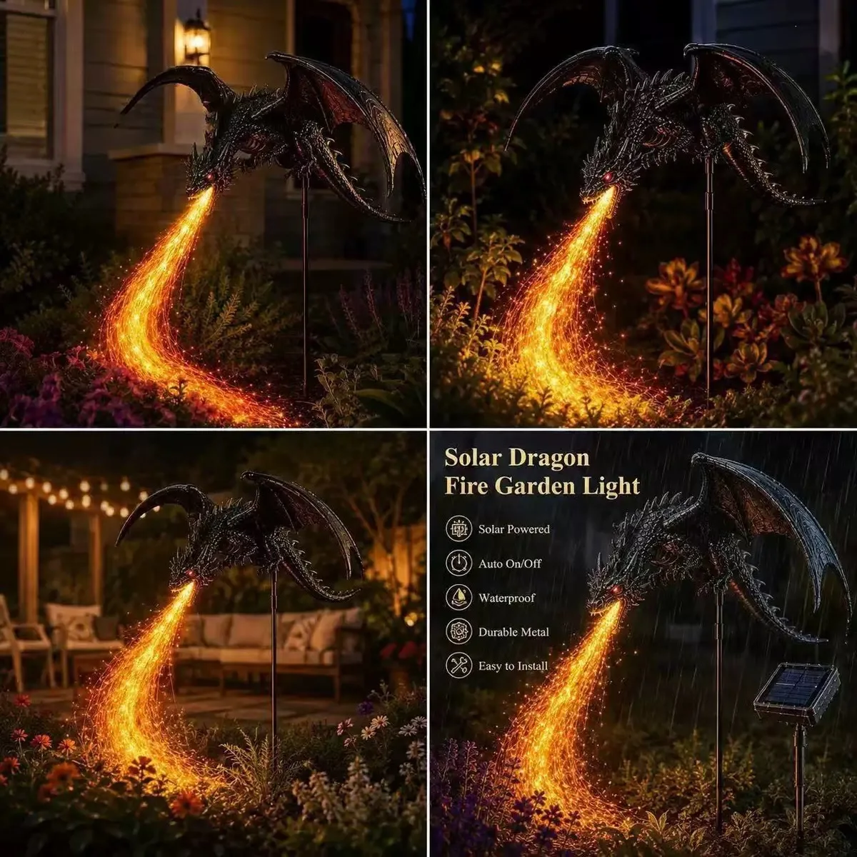 Solar Dragon Garden Light Outdoor Fiber Optic Fire Breathing Dragon Statue Decorative Yard Lamp for Patio Lawn Decor view 6