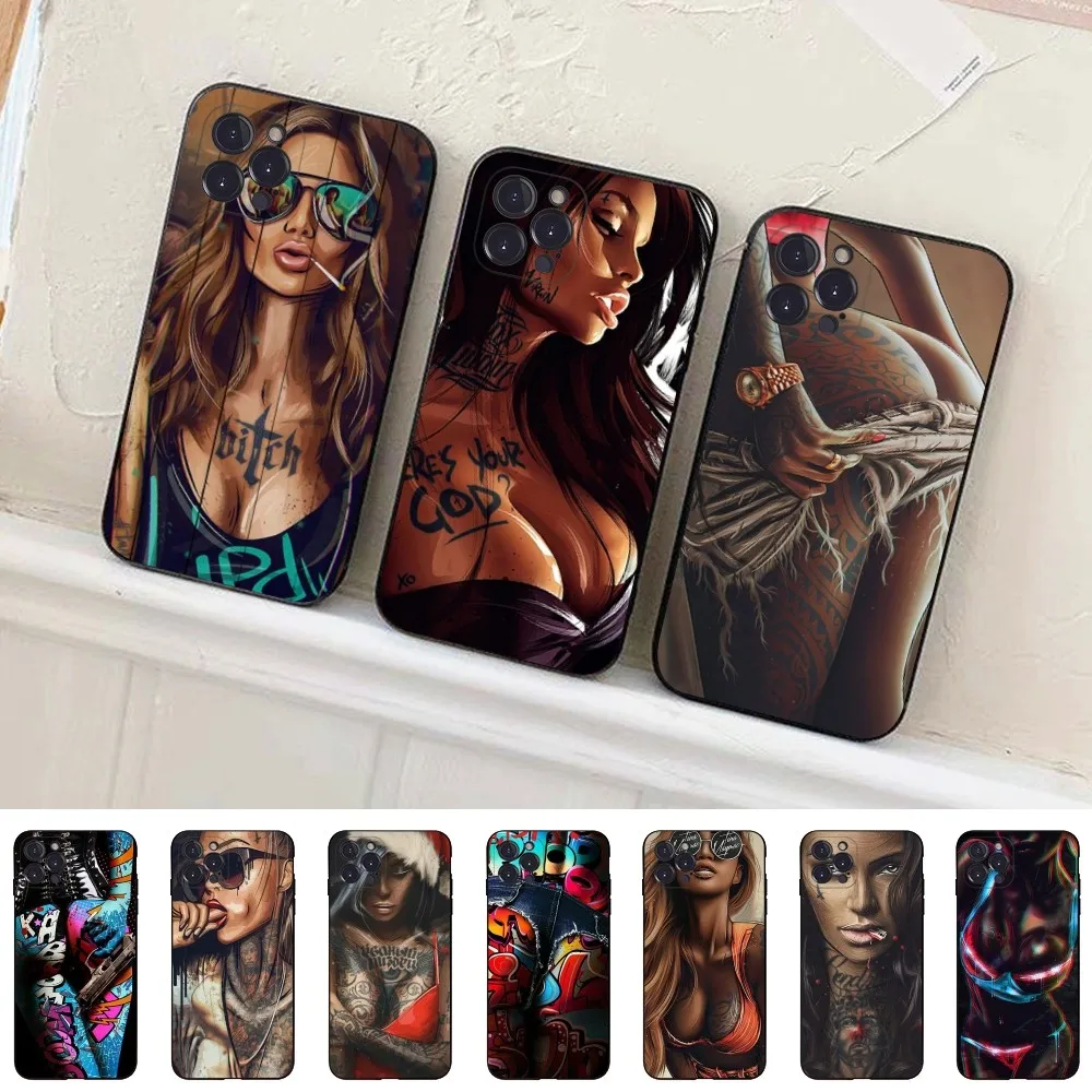 Sexy Sleeve Tattoo Girl Phone Case Silicone Soft for iphone 15 14 13 12 11 Pro Mini XS MAX 8 7 6 Plus X XS XR Cover