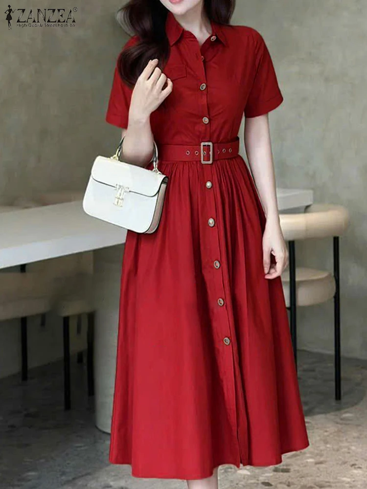 

ZANZEA Women Pleated Dress Short Sleeve Elegant Belt Office Sundress 2025 Fashion Buttons Vestidos Lapel Neck Casual Loose Robe