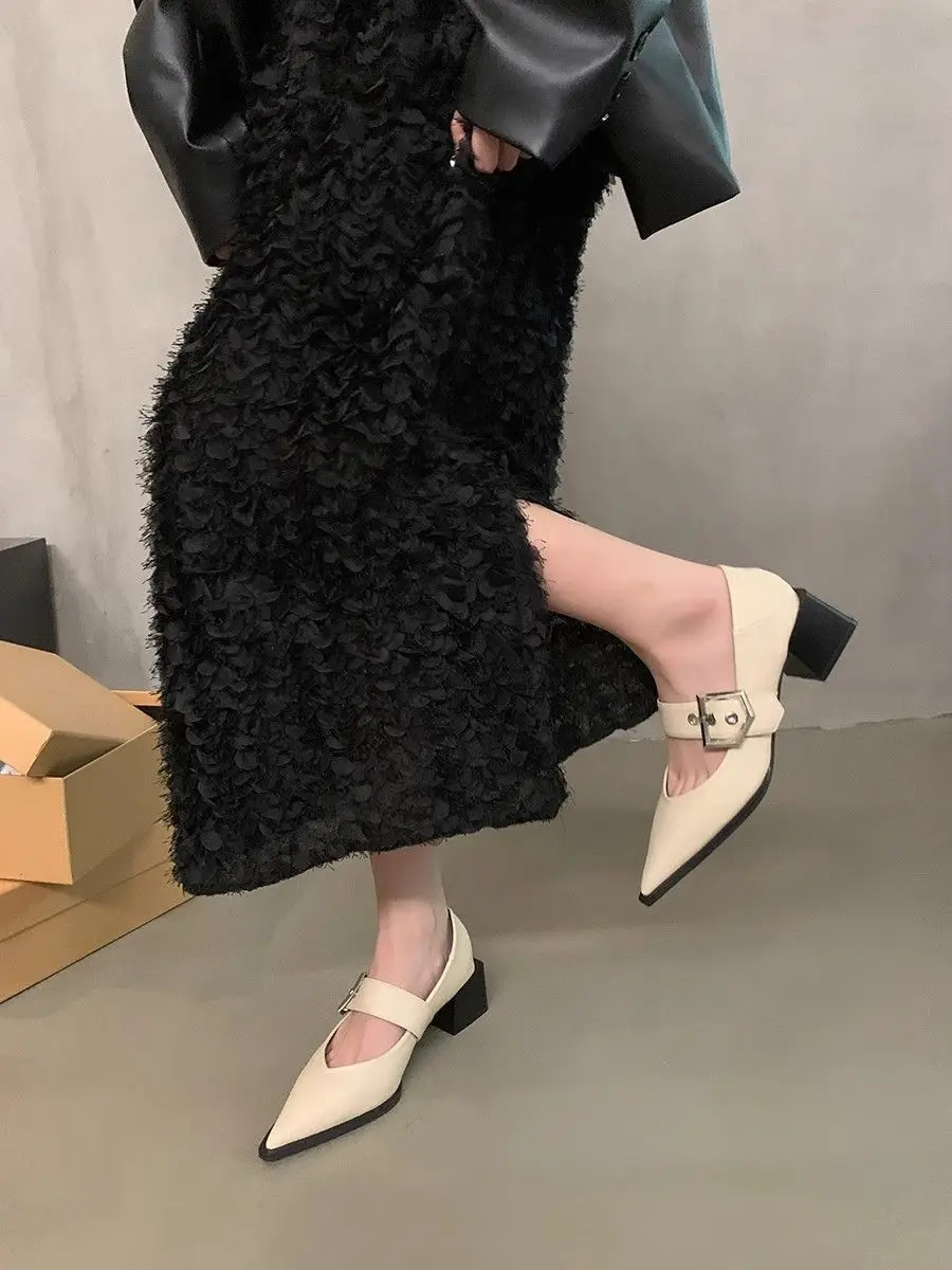 

Women Retro Pointy Toe Mary Jane Leather Shoes French Block Heel British Style 2026 Early Spring New Korean Fashion