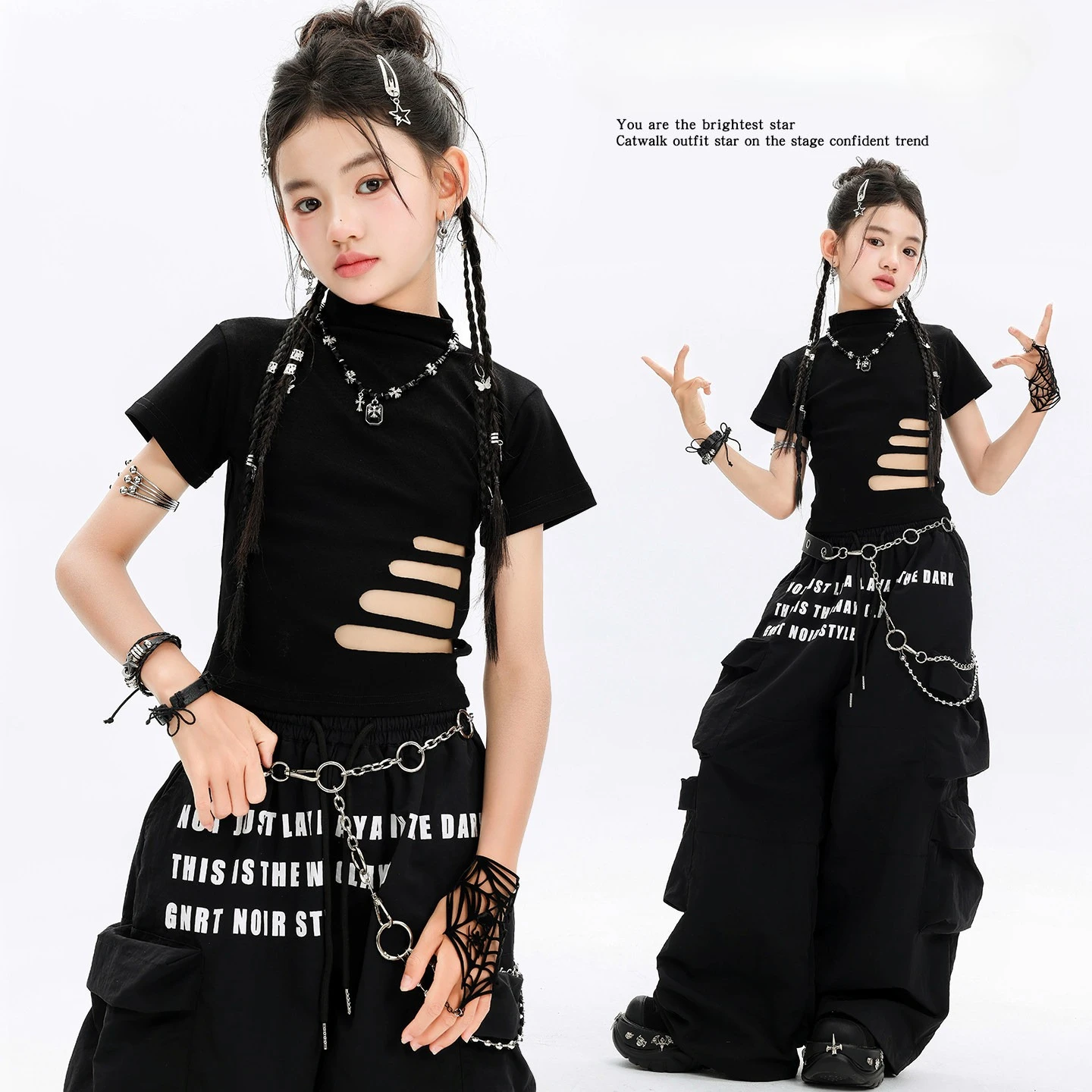 Girls K-pop Fashion Crop Top Cargo Pants Set Kids Hip Hop Jazz Street Dance Girl Group Costume Teen Streetwear Outfit