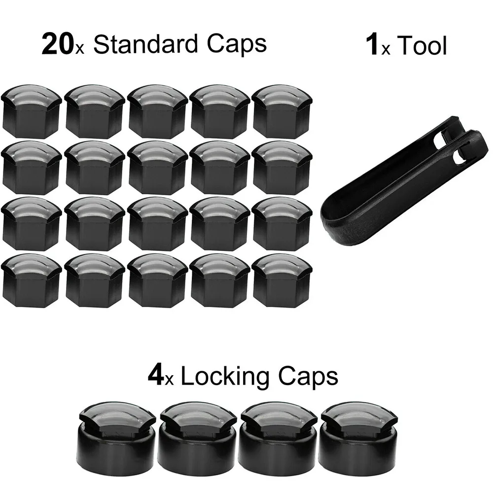 24pcs/set 17MM Black Wheel Nut Bolt Trims Studs Cover Cap For Opel For BMW 16mmx17mm Nut Bolt+17mmx23mm Locking Cap For Opel