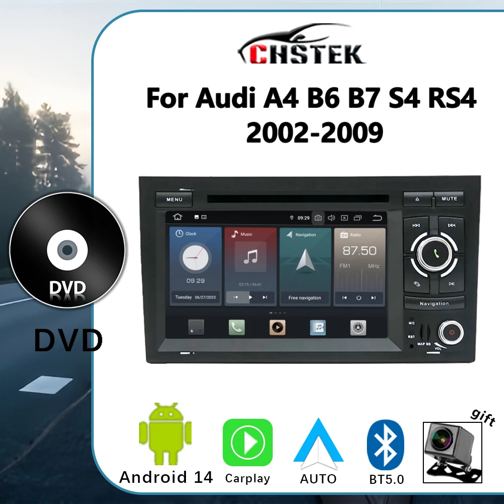 CHSTEK Car Radio Android 14 DVD Carplay For Audi A4 B6 B7 S4 RS4 2002-2009 GPS Navigation Multimedia Player Bluetooth WIFI Audio