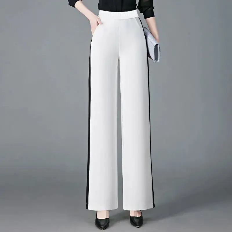 Korean Fashion Women Casual Sports Pants Spring Autumn New Vertical Stripes ElasticHigh Waist Loose Wide Leg Straight Trousers