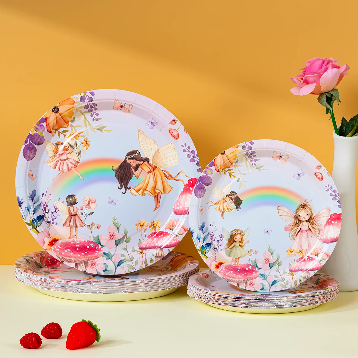 Platos de Papel con Temática de Hadas, Platos Desechables para la Cena, Diseño de Arcoíris y Flores para Fiestas de Cumpleaños de Niñas, Decoración Mágica para Fiestas