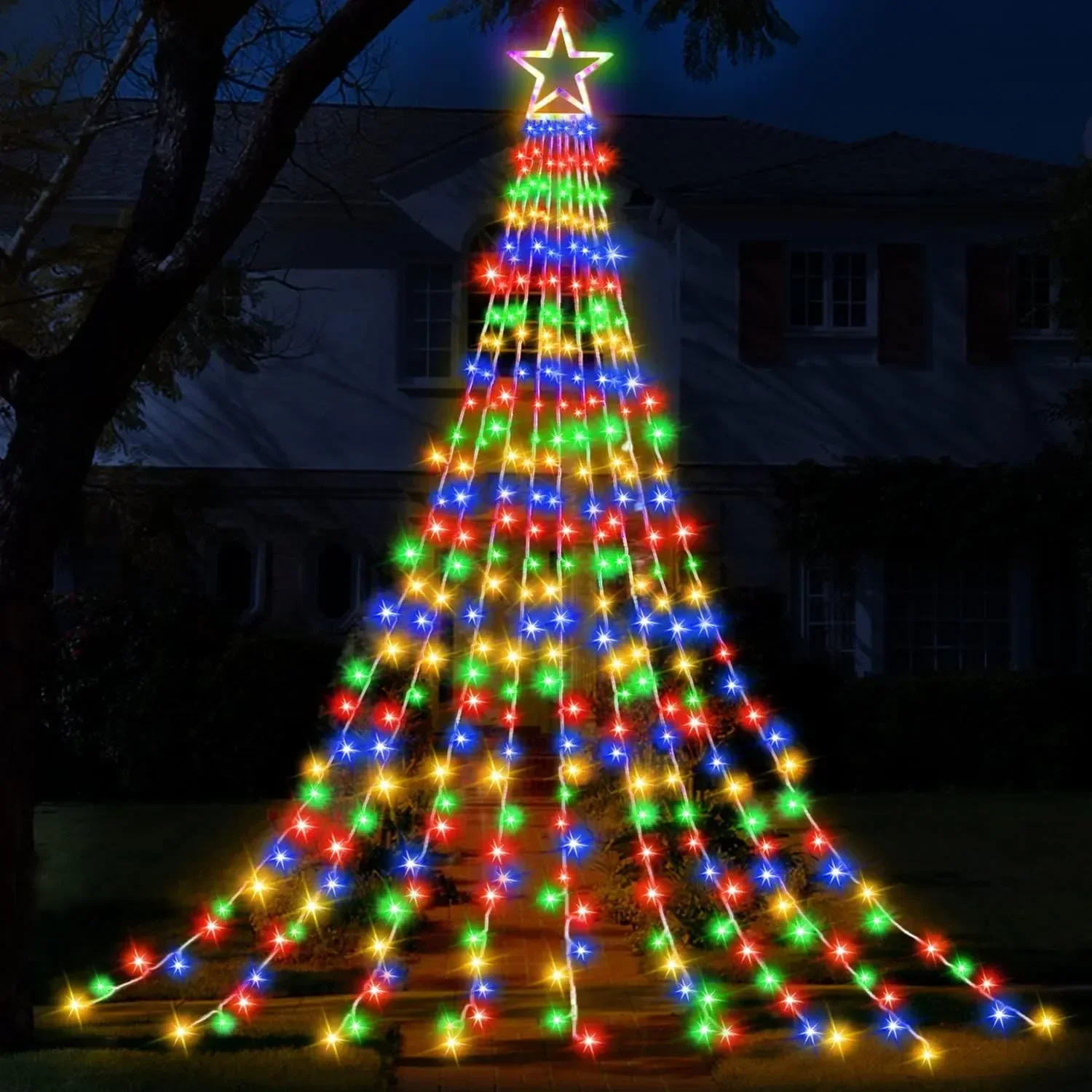 9x3,5 M decoraciones navideñas luces de cadena de estrellas 350 luces LED de árbol de cascada con estrella superior para decoración al aire libre de bodas y vacaciones