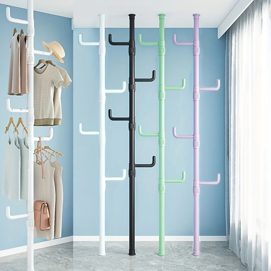 

1.1-3.1m Adjustable Clothes Rod - No Drill 4 Hooks Black for Living Room Balcony Kitchen