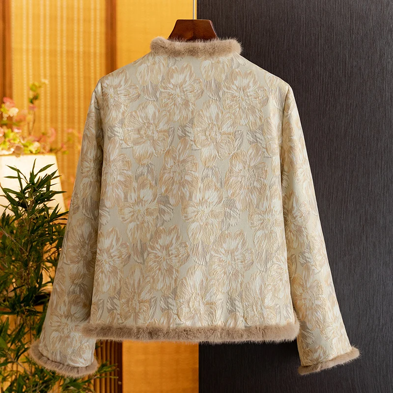 New Chinese-Style Silk Warm Padded Mink Fur Coat for Women 2026 Winter New Fashion Retro Tang Suit Top for Women