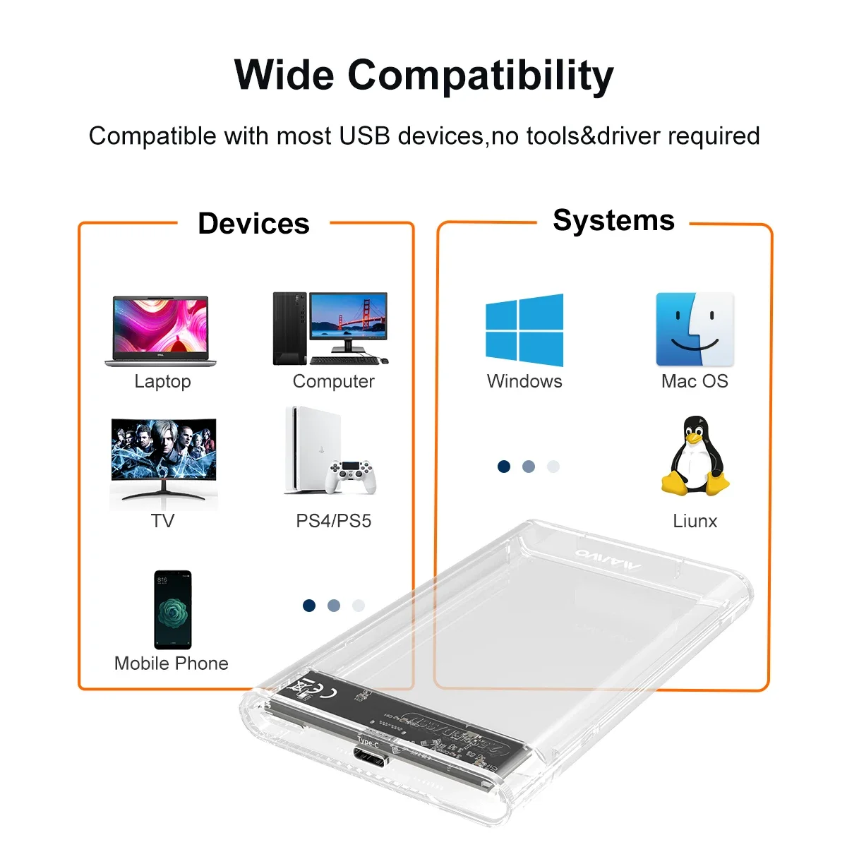 MAIWO casing HDD 2.5 ", sarung Hard Drive kandang USB Tipe C SATA 5Gbps untuk SSD HDD 9.5 7mm, Hard Drive eksternal mendukung TF UASP