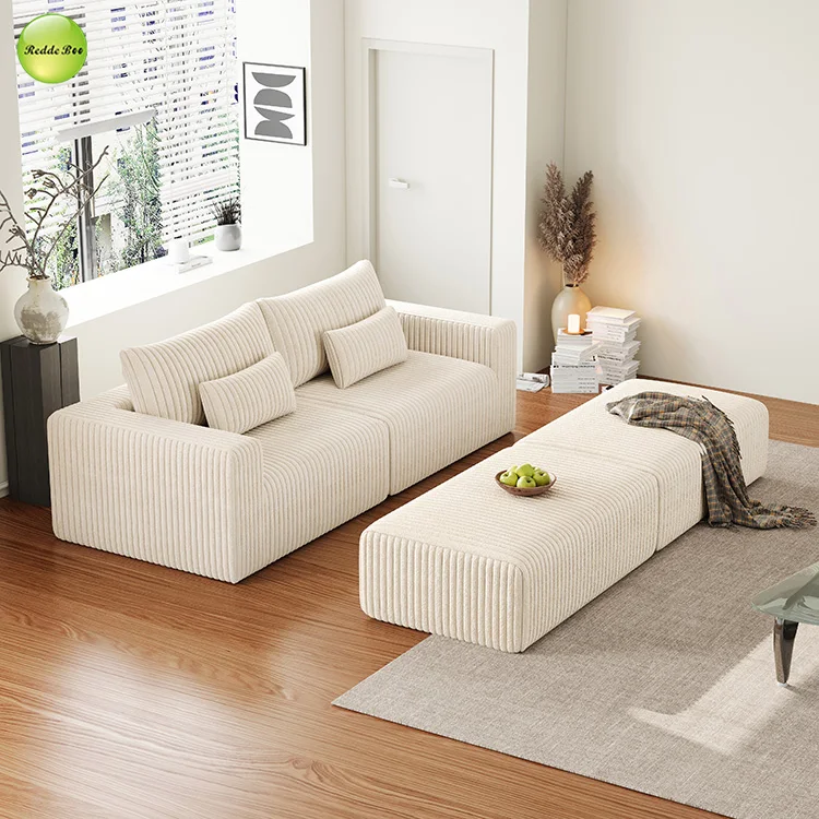 Coofull New Minimalist Striped Velvet Fabric 2 Seater Compressed Sofa with Ottoman Living Room Small Apartment
