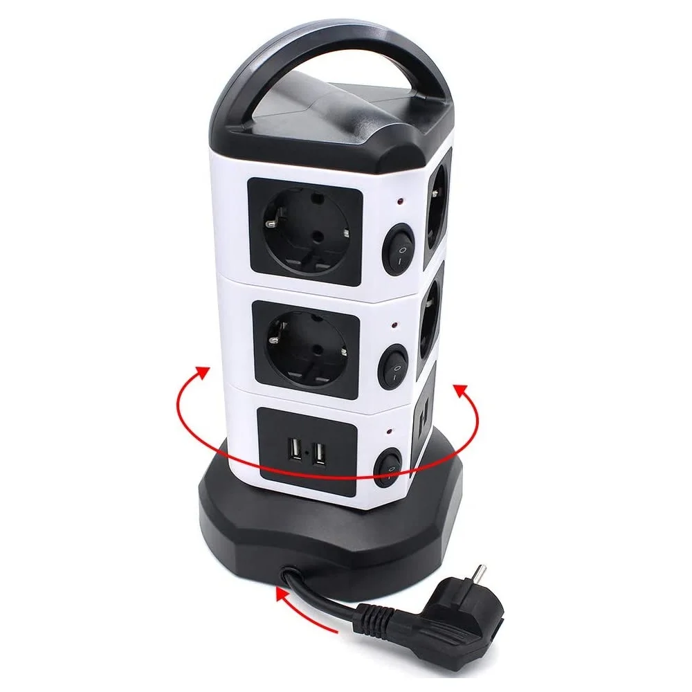 TESSAN EU Multi-tap Power Strip Vertical Tower Socket with 6/10 Sockets 4 USB 3 Independent Switches 2M Extension Cable for Home