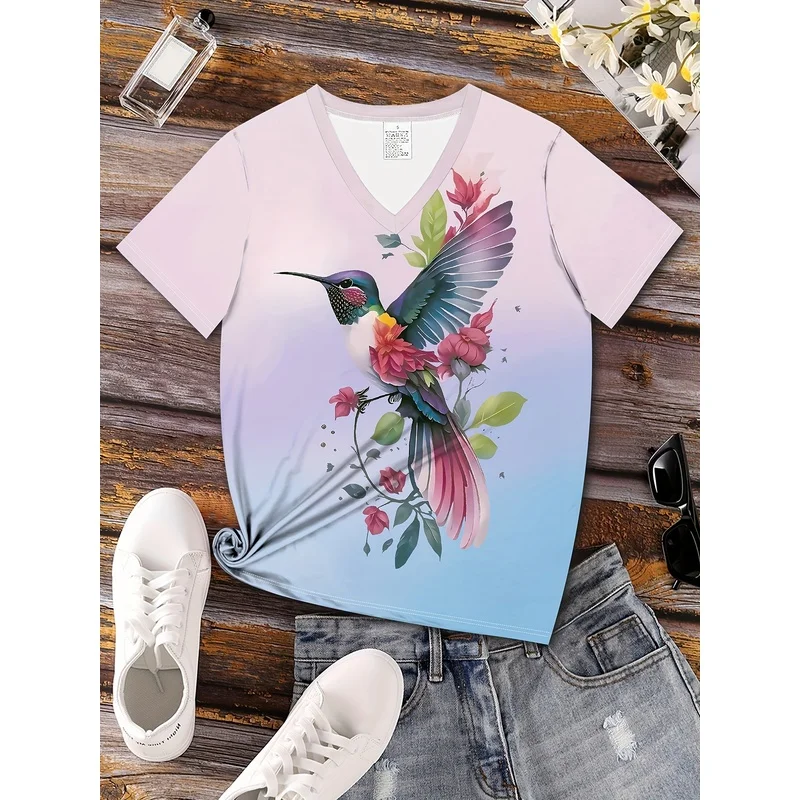 Abstract Painting Simple Gradient Color PlantFlower Animal Bird Parrot Graphic Full Print Breathable V-Neck Short Sleeve T-Shirt