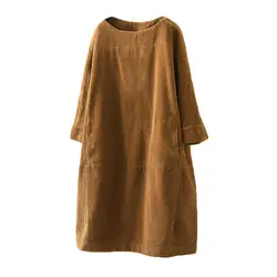 Midi Dress Solid Color Dress Large Size Women Long Sleeve O Neck Loose 2024 Womens clothing 3XL Spring Autumn Corduroy