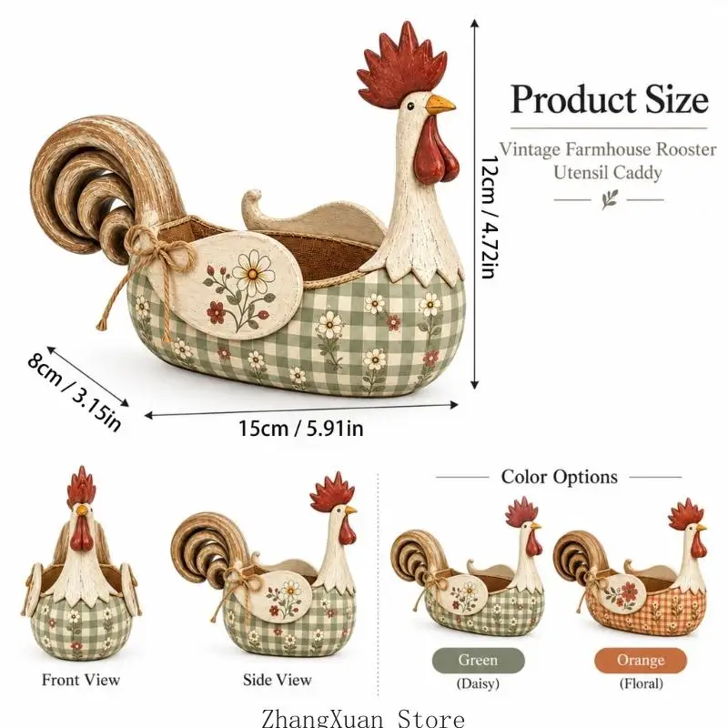 Country Chicken Besteckbehälter aus Holz mit deckellosem Zugang und Gingham-Blumendetail für die Tischorganisation 3XUF – Detail 6