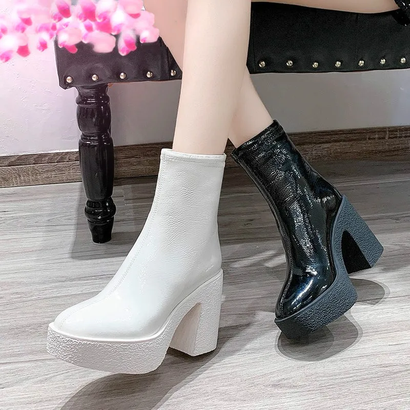 Buty damskie skórzane kwadratowe szpilki połowy łydki okrągłe Toe buty zimowe kobieta ciepłe komfort moda platforma Zipper buty czarne