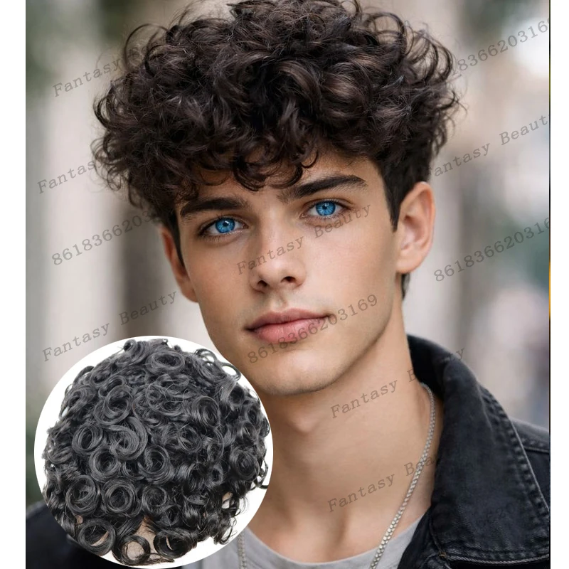 

100% Human Hair 24mm Curly European Brown Black Hairpieces Undetectable Mono Top Super Durable Easy Wear Hairstyle for Man Wigs