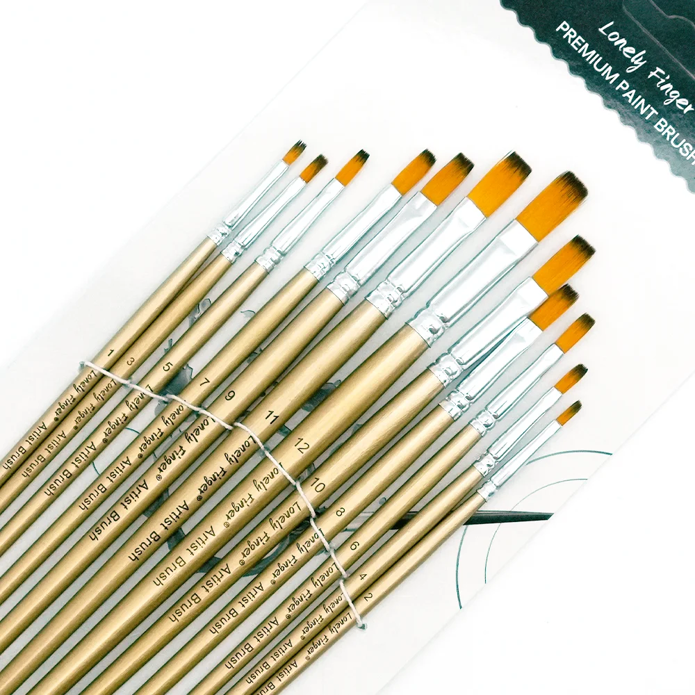 12pcs Flat Tip Nylon Hair Artist Paintbrushes for Acrylic Watercolor Oil Ink Canvas Painting, Face Body Nail Art, Model, Rock