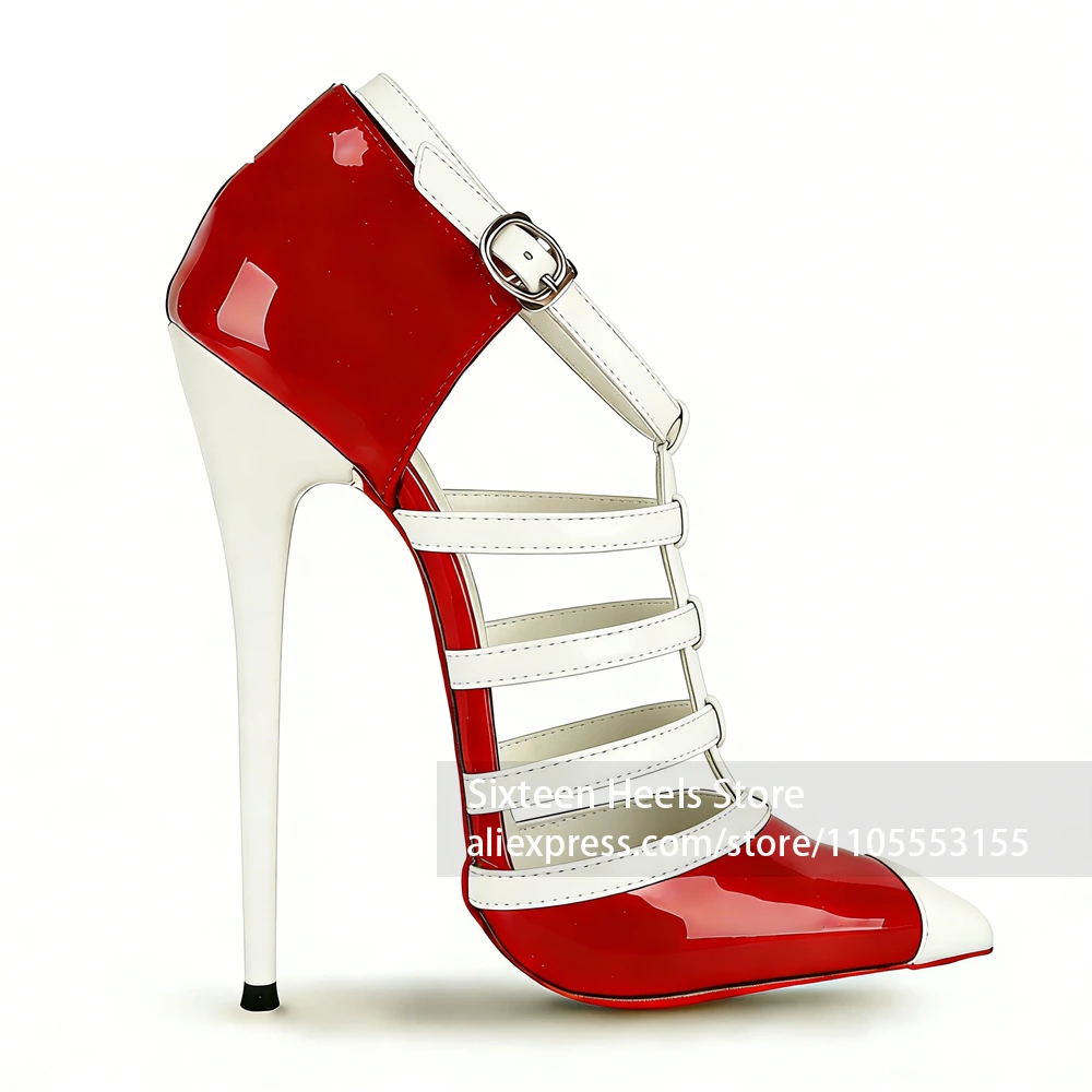 

16cm Color Blocking Cage Pumps Sexy Style Pointed Toe Lacquered Heel Women's Footwear Handmade Patent Leather Summer High Heels