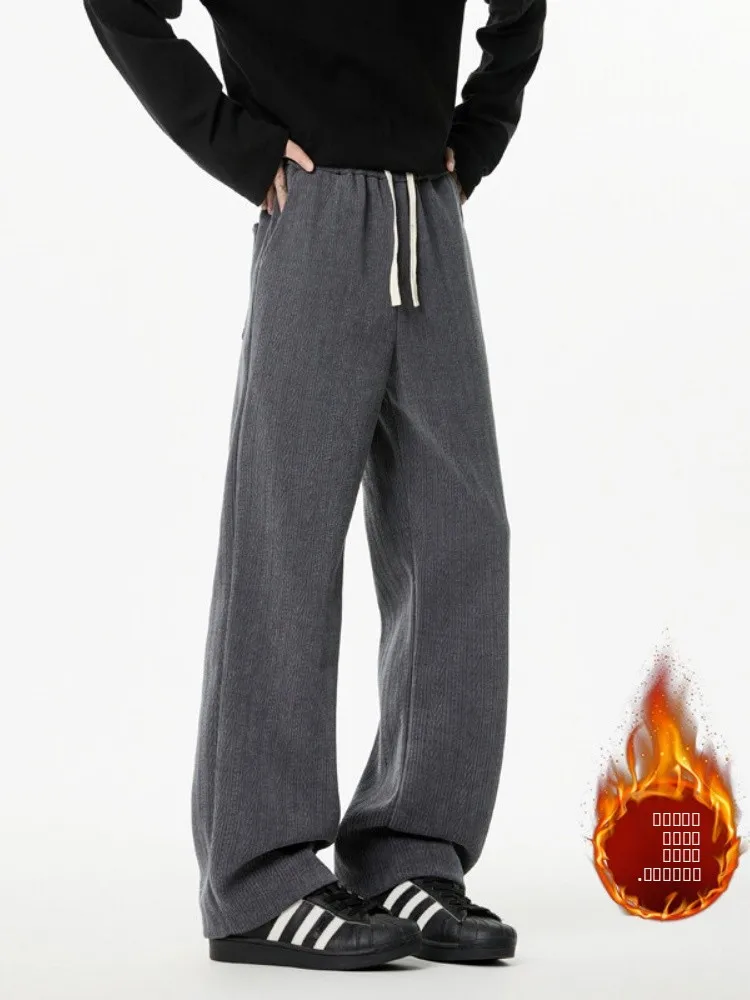 

Мужские утепленные брюки прямого кроя на флисовой подкладке, зимние повседневные брюки в американском стиле с вышитым узором, свободный крой, длинные штаны