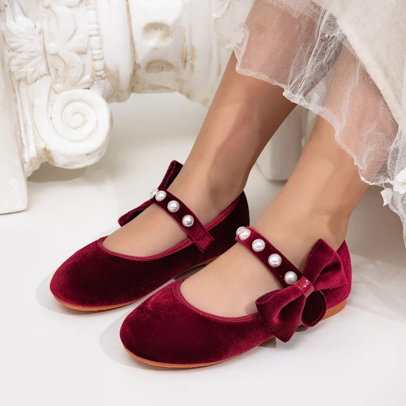 JGSHOWKITO Children Flat Shoes Pearl Bow Girls Princess Dress Leather Shoes Breathable Suede Wedding Party Kids Mary Jane Shoes