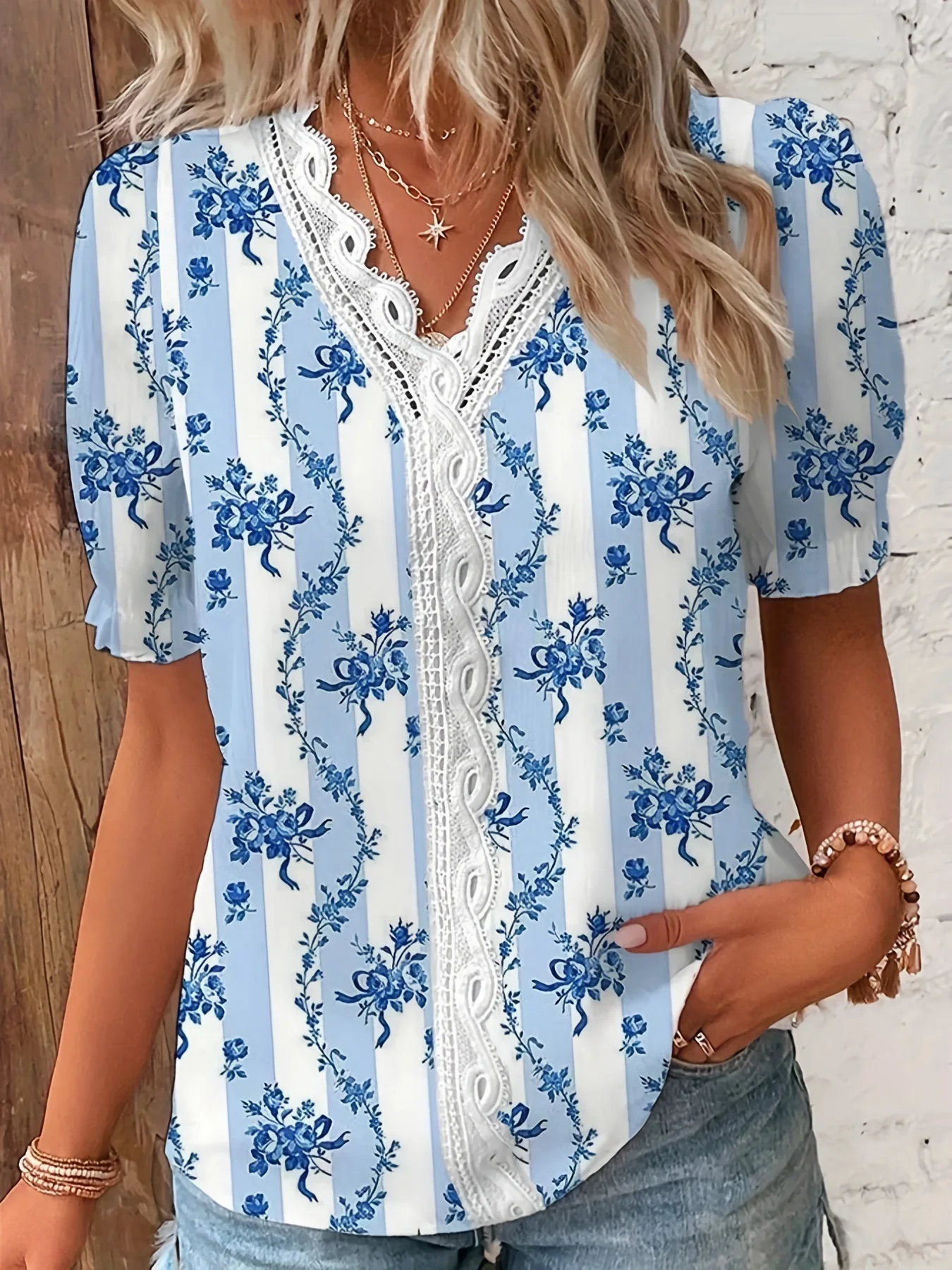Customization 2024 Fashion Casual Vacation Shirt Women Summer V Neck Hollow Out Solid Color Blouse Female Elegant Striped Jacqua - view 5