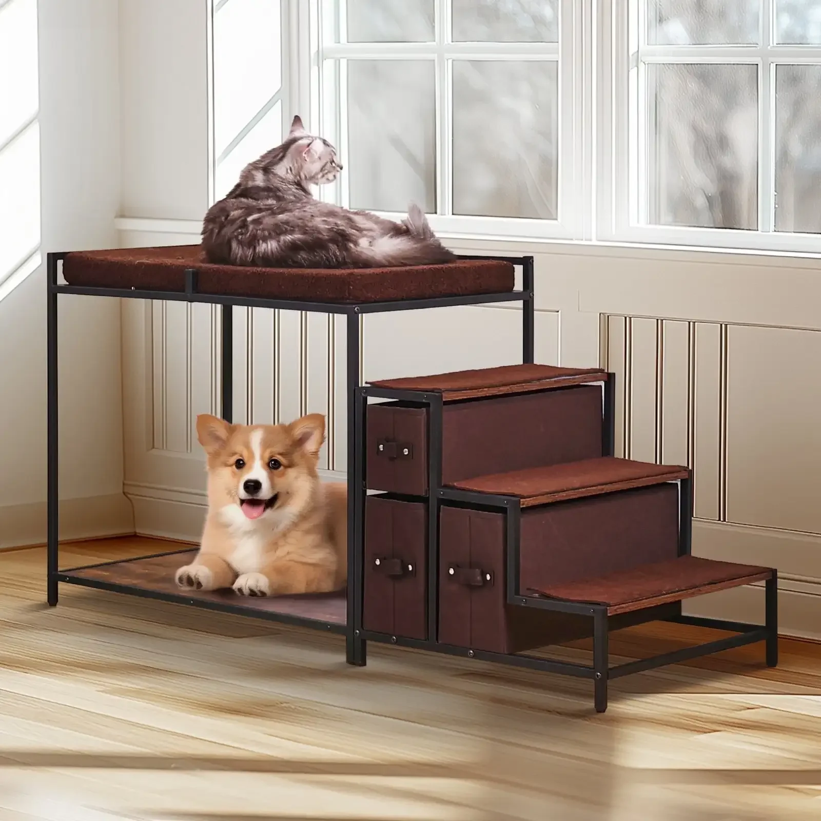 

Pet Bunk Bed Dog/Cat Window Perch with Stairs Storage Medium Size