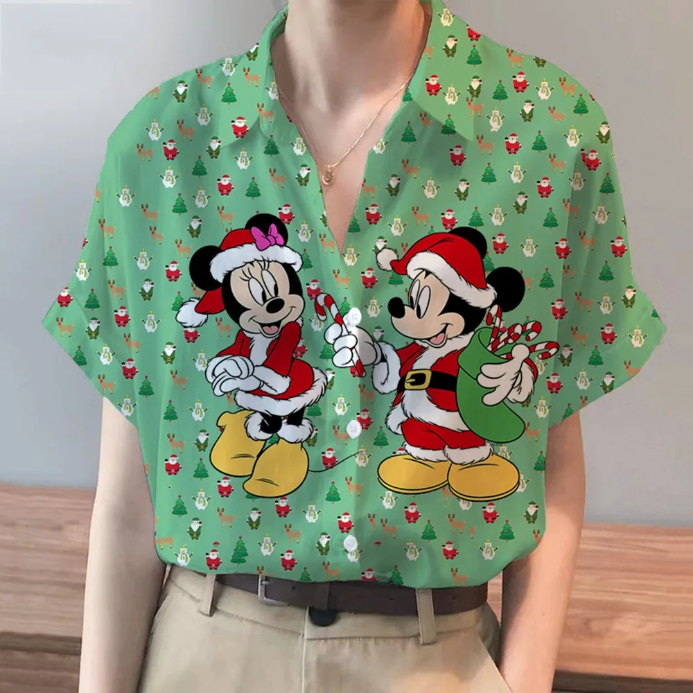 New Boho Disney Brand Christmas Mickey And Minnie Anime Short Sleeve Shirt Summer Casual Beach Party Ladies Kawaii Top Y2k