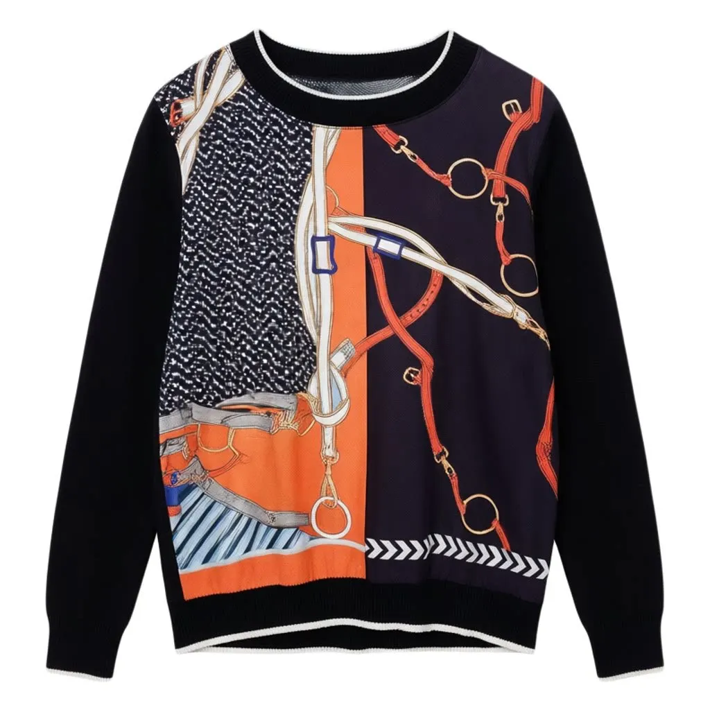 High Quality Long Sleeve O Neck T Shirts Women Knit Clothes French Style Brand Designer Fashion Knot Printed Patchwork Tops