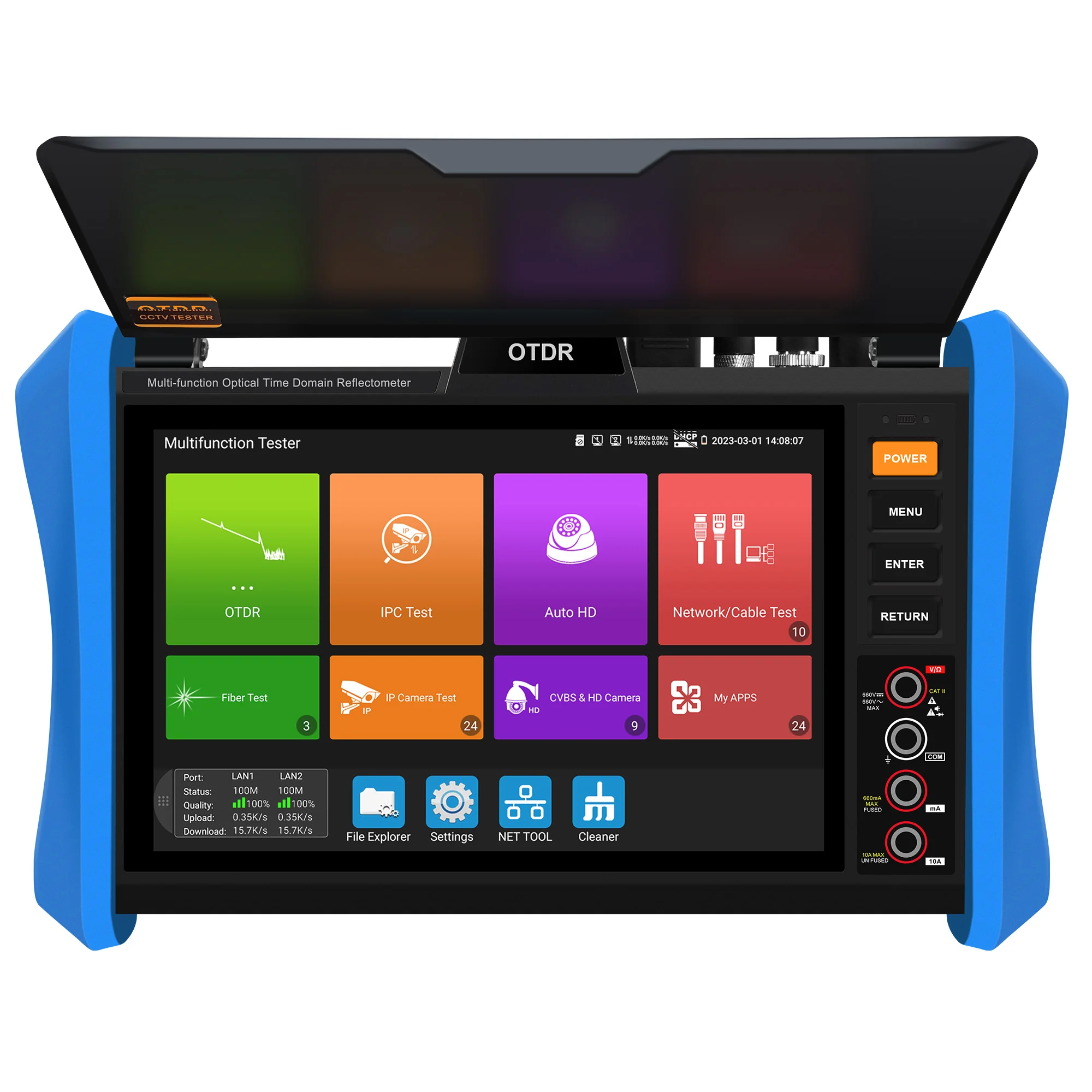 OTDR + CCTV Tester 8 Inch Touch screen built-in camera combined with 8K H.265 CCTV came Tester IP SFP OPM VFL Fiber Cable Tester