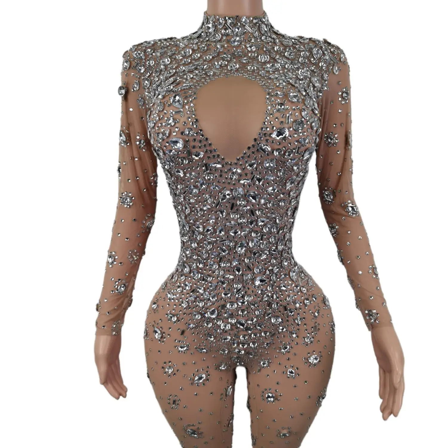 New Sparkling Silver Crystals Bodysuit Women Jazz Dance Nude Jumpsuit DJ Bar Show Sexy Nightclub DS Singer Rave Clothes Cuican