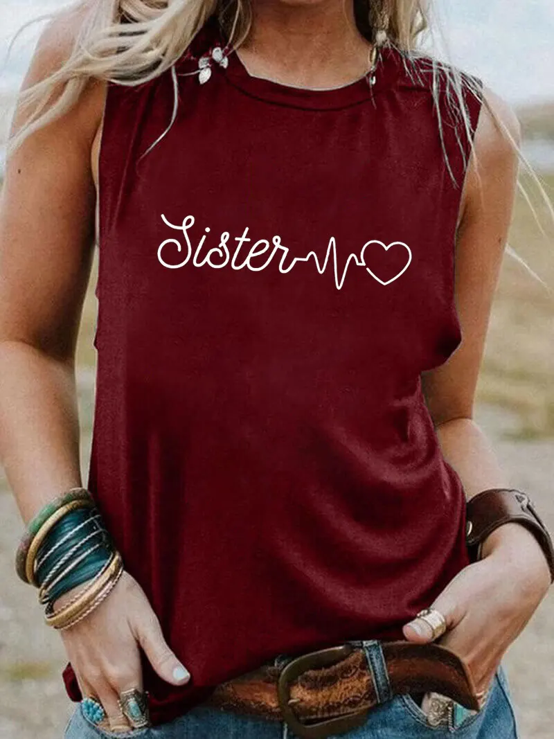 

Sister Heartbeat Print New Arrival Sleeveless Tshirt Women Funny Summer Casual Sleeveless Top Tee Best Friends Shirt