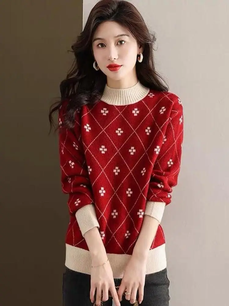 

Loose f-High Collar Sweater Women's Autumn Winter Knitted Top Faionable Base Layer Resin Color Long Sve Warmth ...